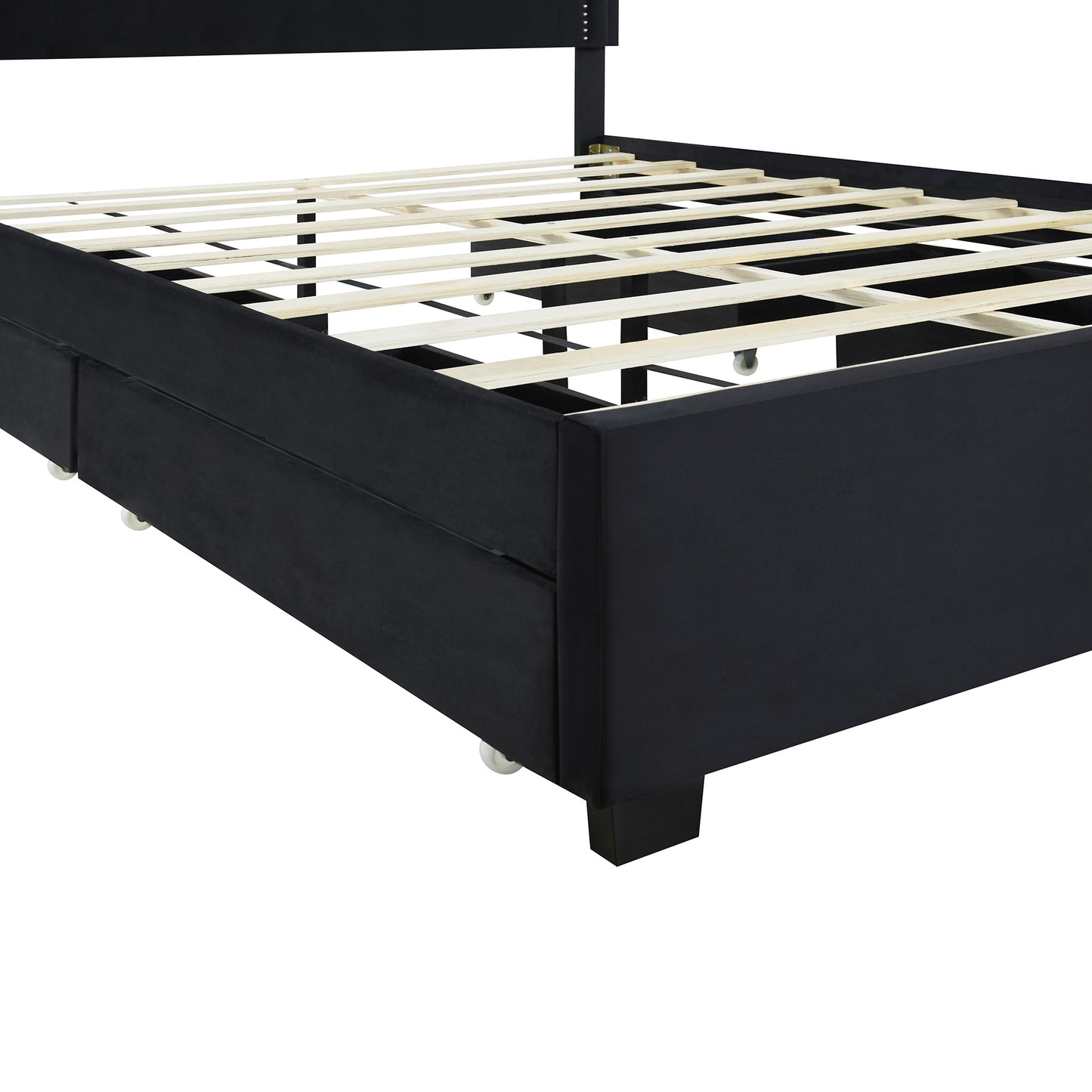 upholstered platform bed with rivet-decorated headboard, led bed frame and 4 drawers, black