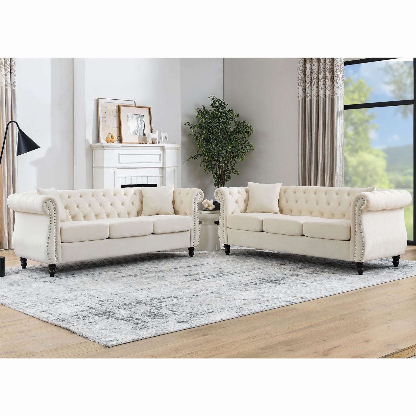 3-seater + 3-seater combination sofa, beige velvet