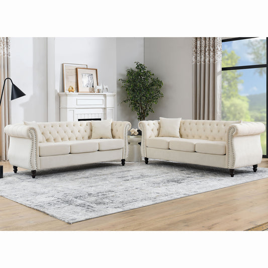 3-seater + 3-seater Combination Sofa, Beige Velvet