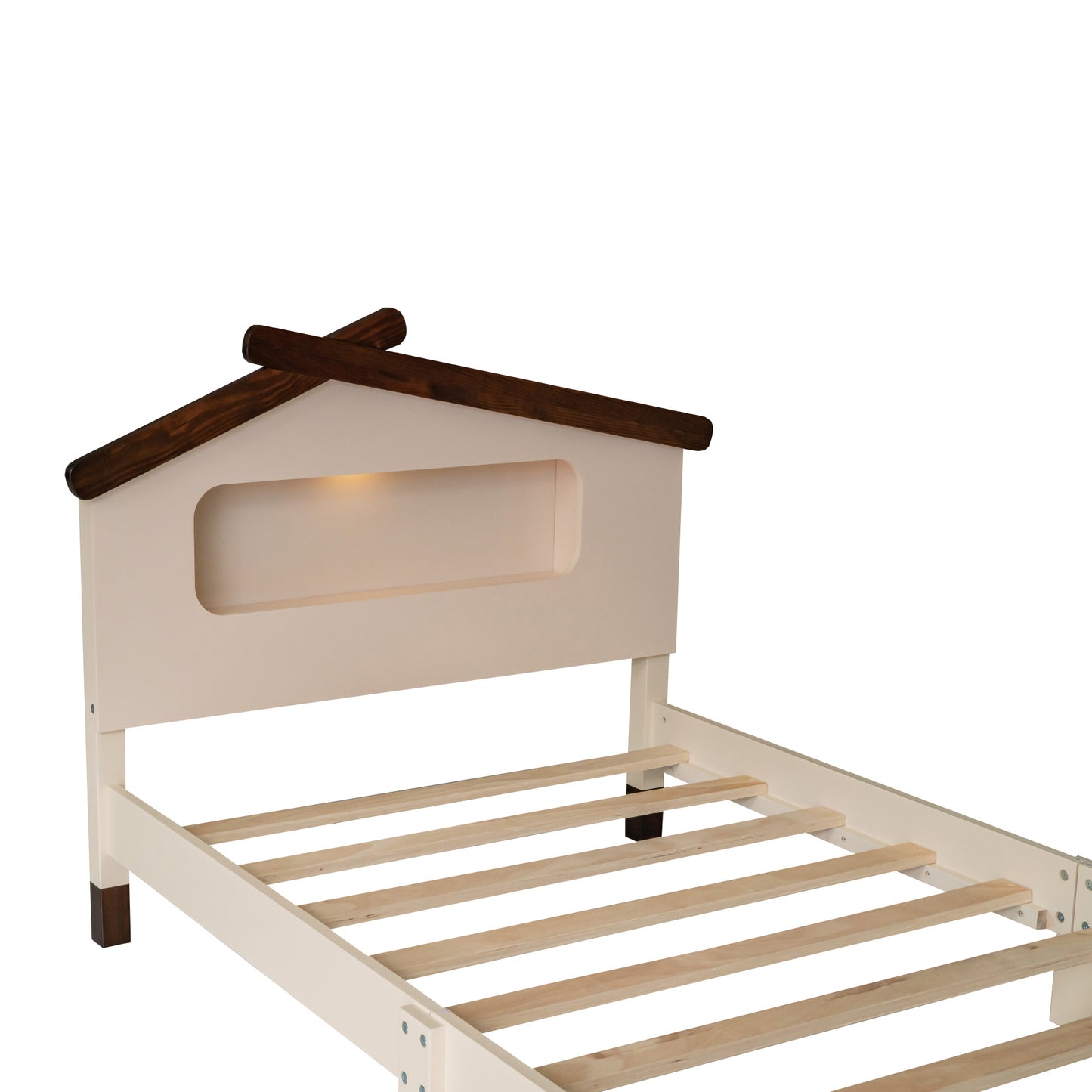 wood platform bed with house-shaped headboard and motion activated night lights, cream+walnut