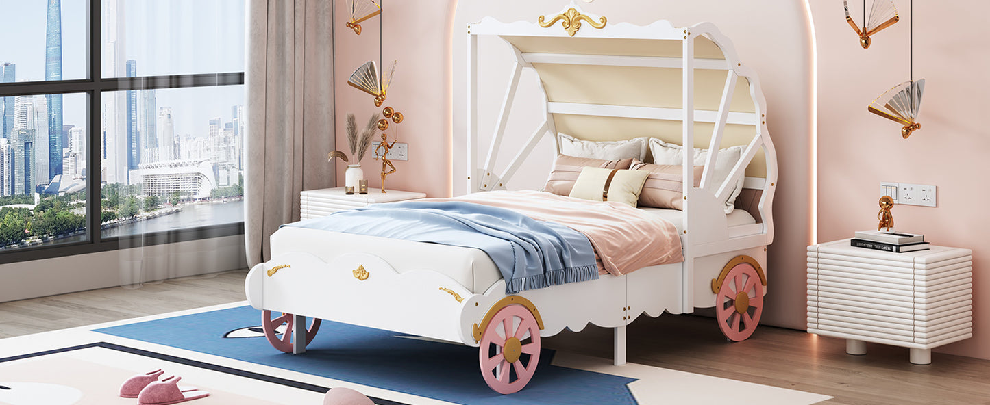 princess carriage bed with canopy, white+pink+gold