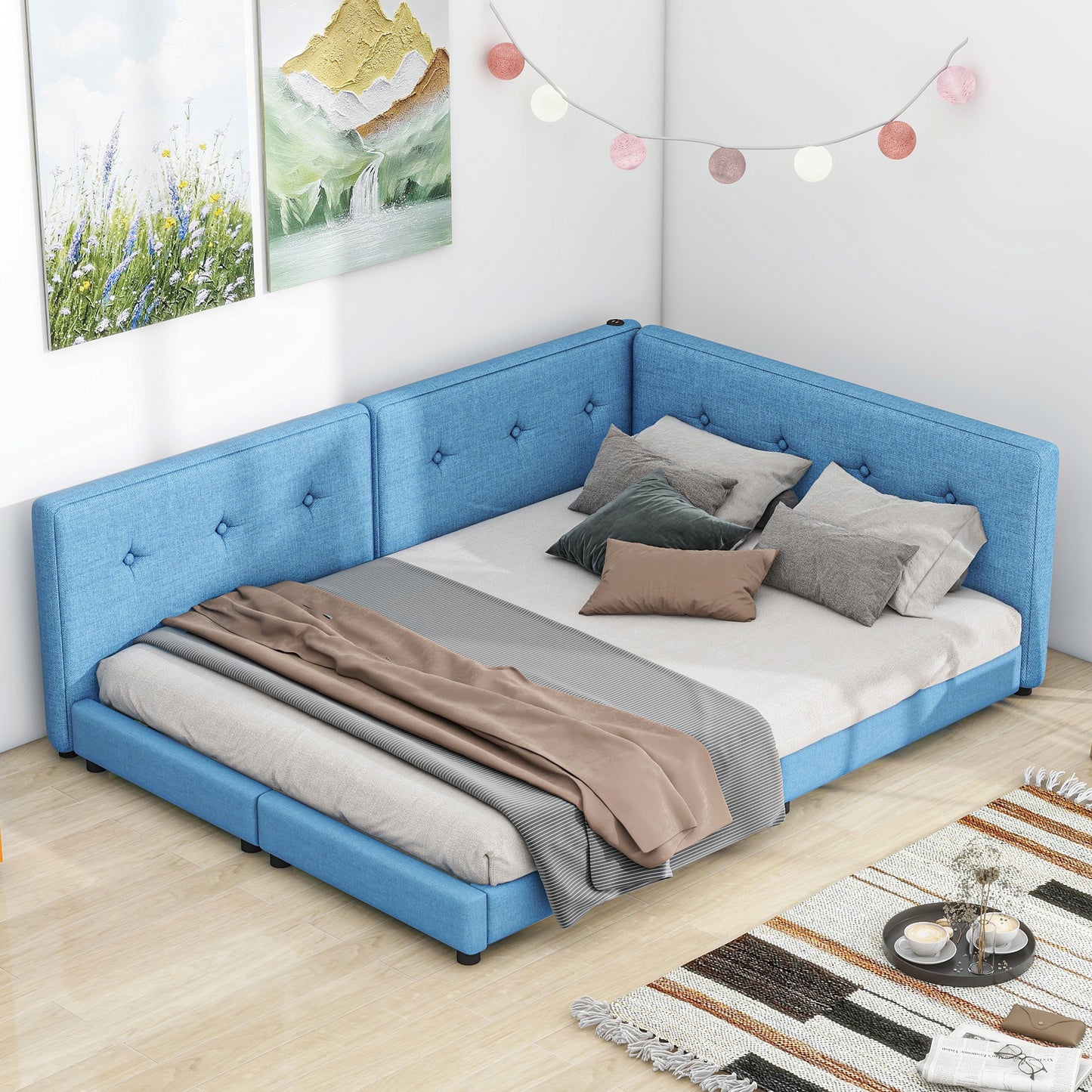 upholstered queen size platform bed with usb ports, blue