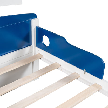 Boat-Shaped  Bed with Twin size Trundle & Storage, Blue