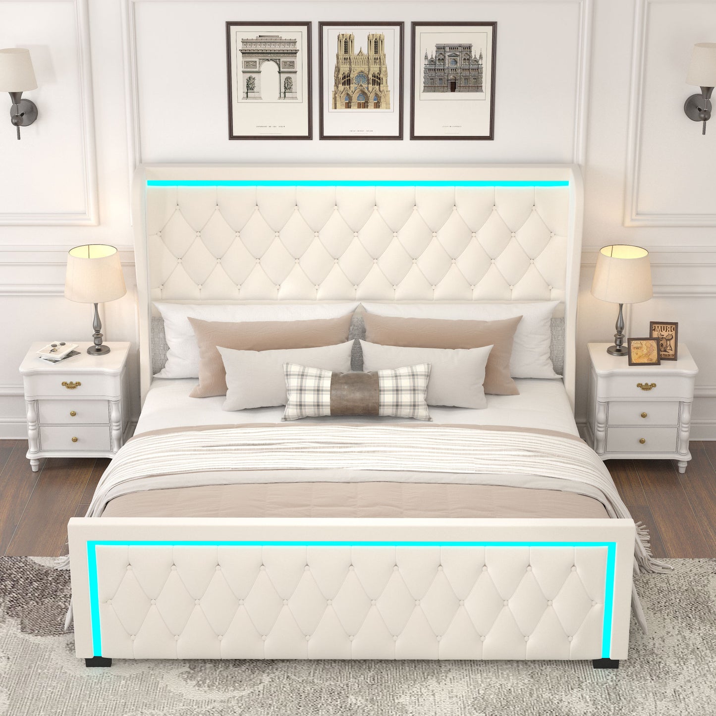 velvet upholstered bed with deep tufted buttons & adjustable colorful led light, beige
