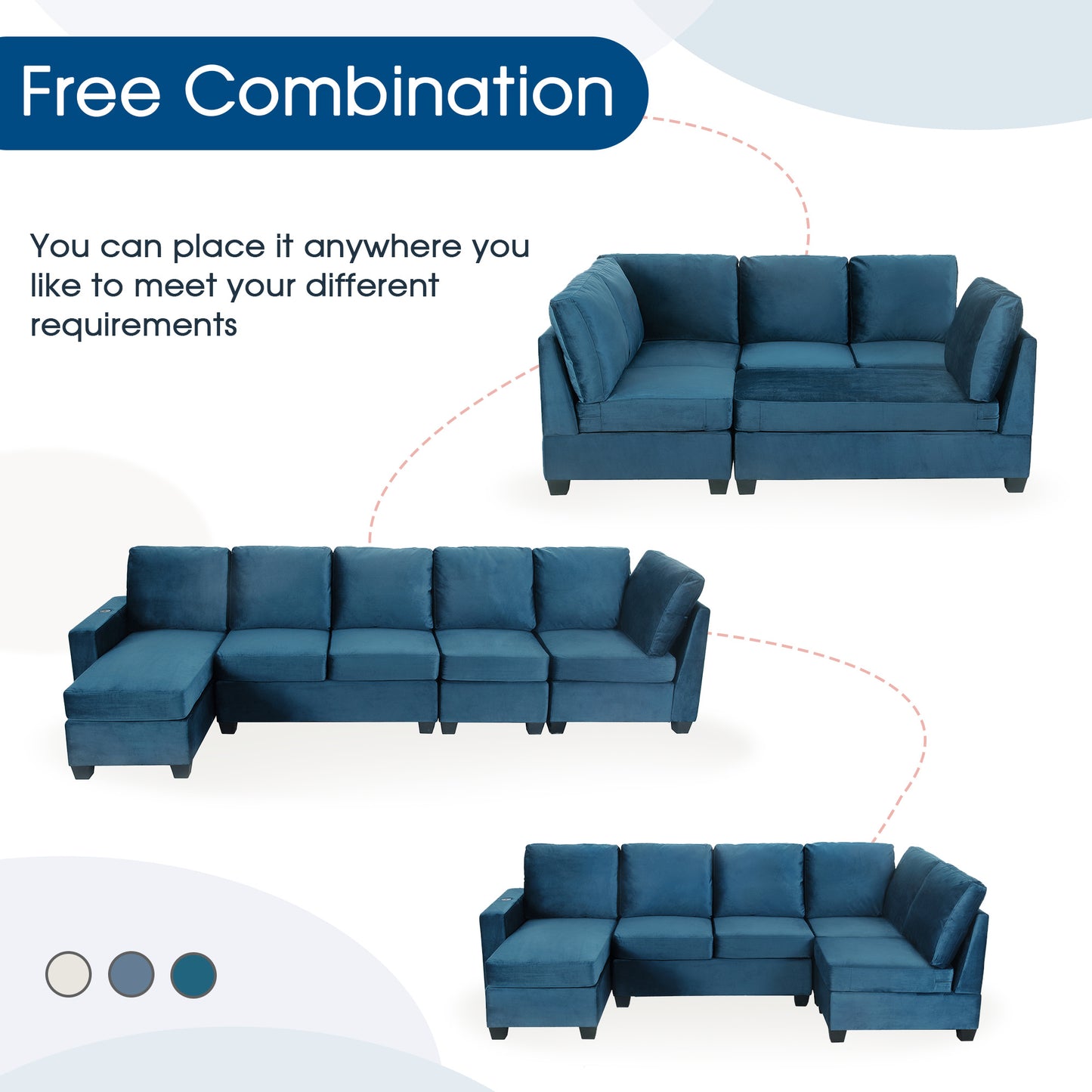 modern l shape sectional sofa with usb charging port, navy
