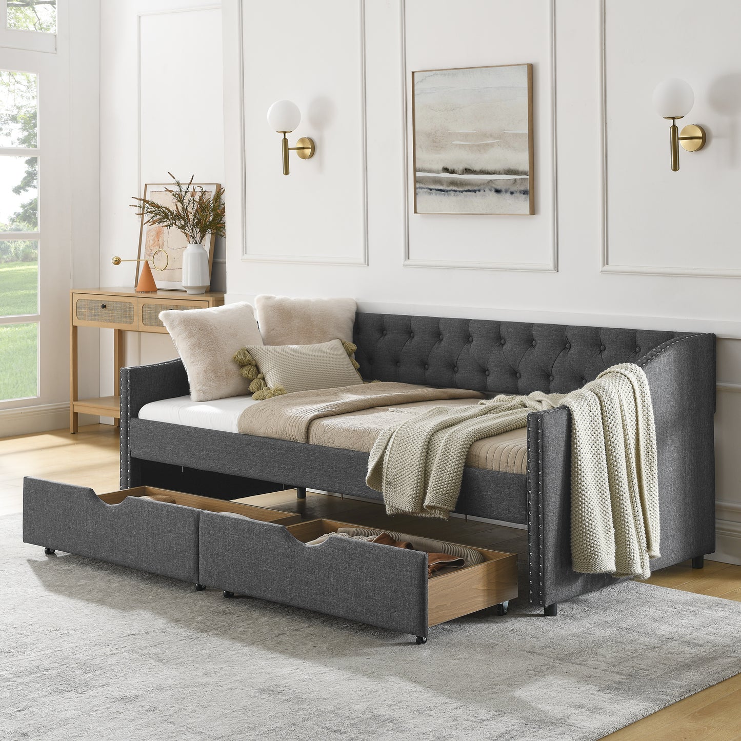 upholstered tufted sofa bed with drawers in grey