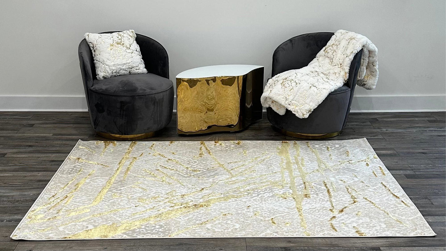 shifra luxury area rug in beige and gray with gold abstract design