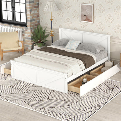 Country Wooden Platform Bed with Four Storage Drawers
