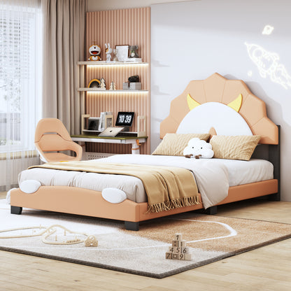 Upholstered Leather Platform Bed with Lion-Shaped Headboard, Brown