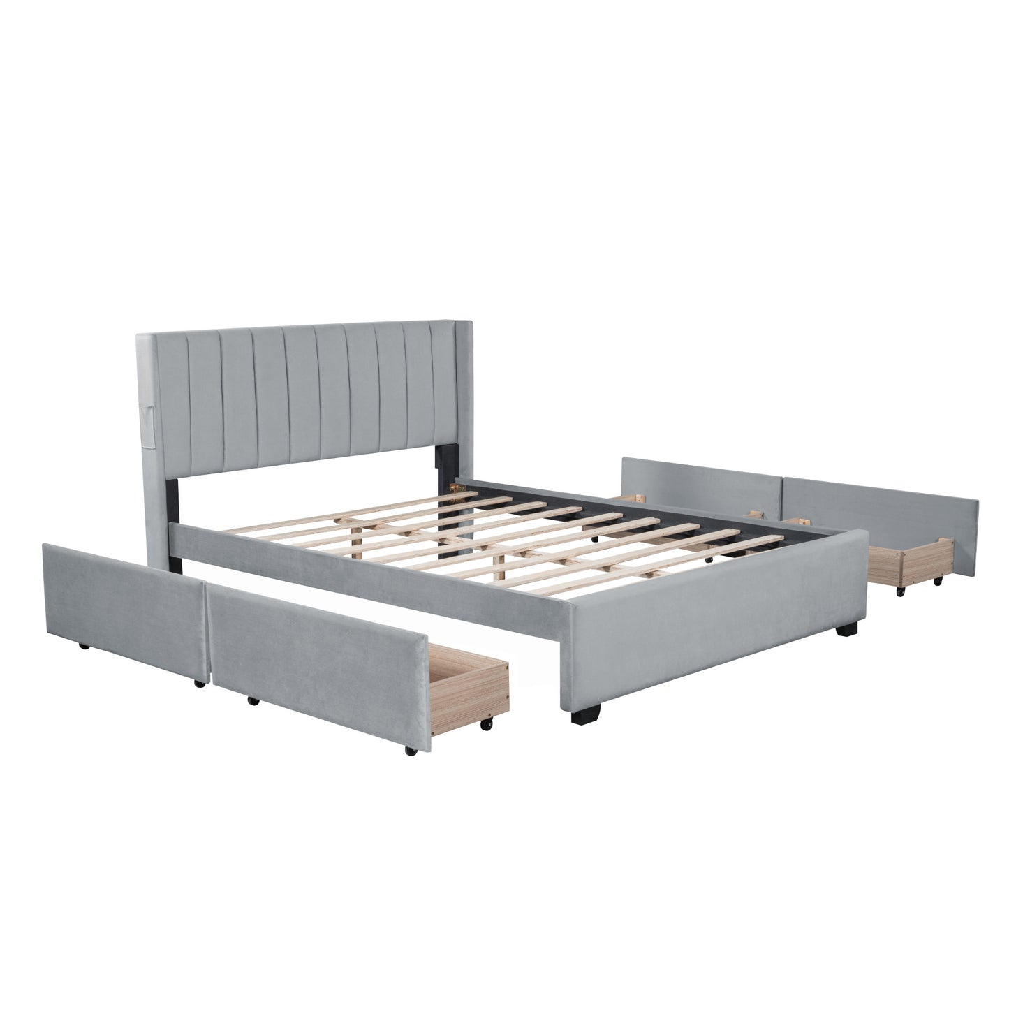 queen size upholstered bed with 4 drawers, gray