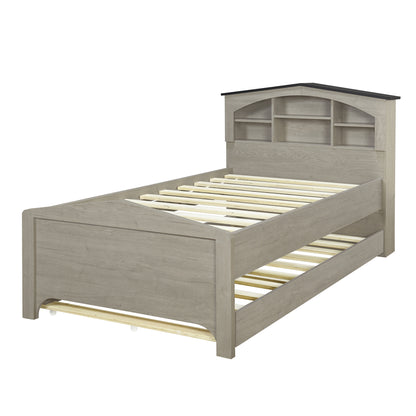 House-shaped Bed with Storage Headboard and Trundle, Gray