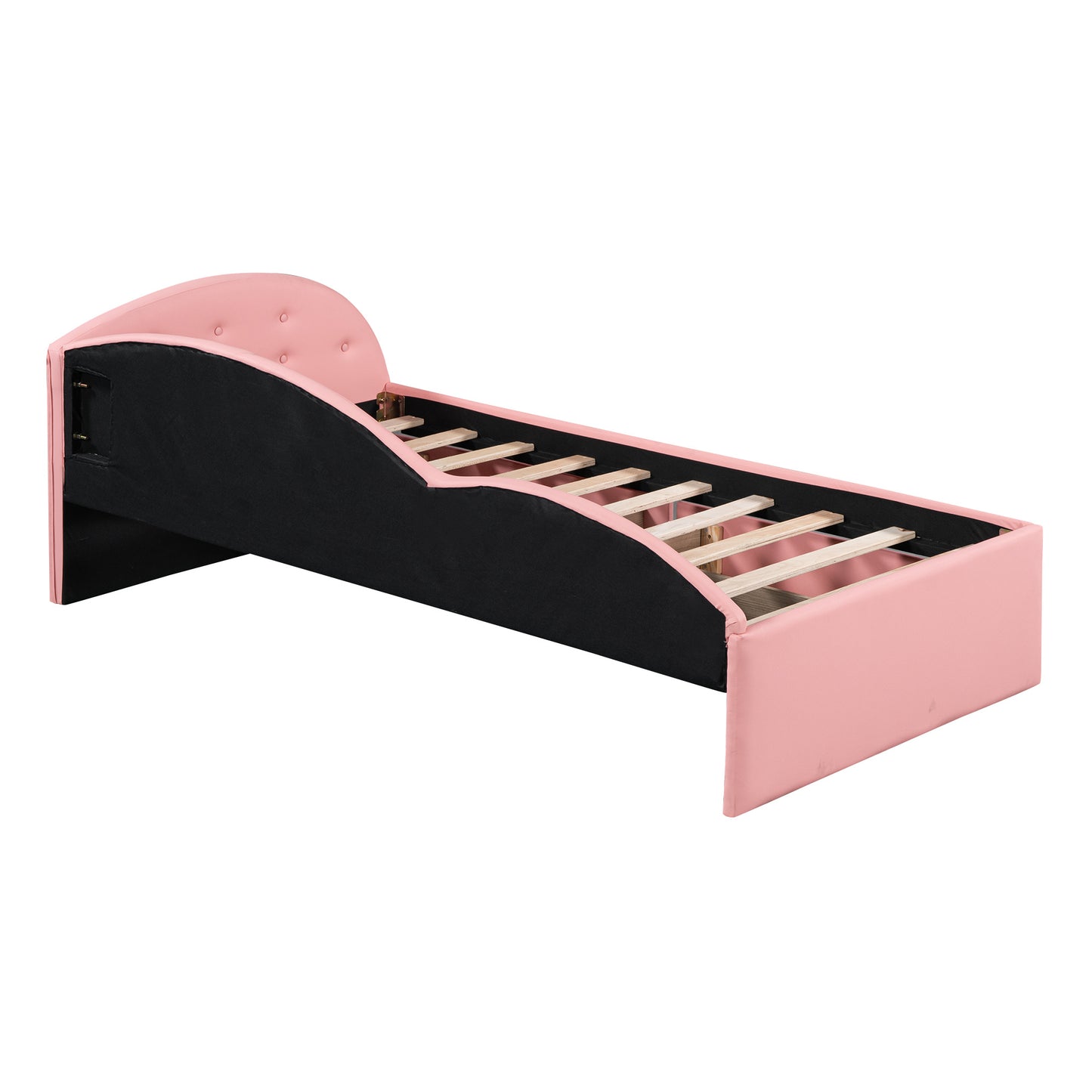 upholstered tufted bed with two drawers and cloud shaped guardrail, pink