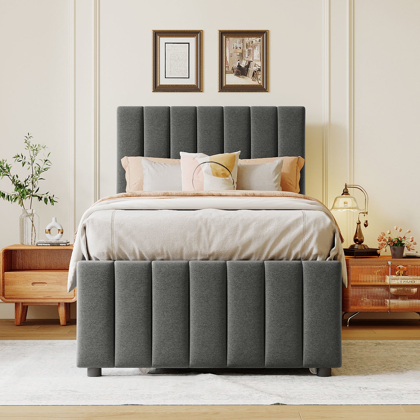 dana upholstered platform bed with trundle and 3 drawers, gray