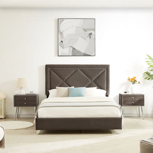 B109 Queen bed with two nightstands, + metal legs with Electroplate