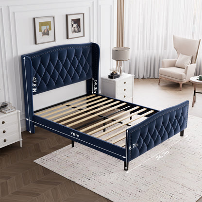 Velvet Upholstered Platform Bed with Wingback Headboard, Blue