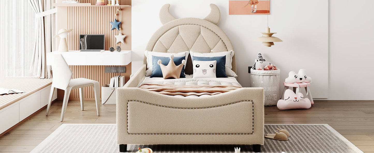 teddy fleece upholstered daybed with ox horn shaped headboard, beige