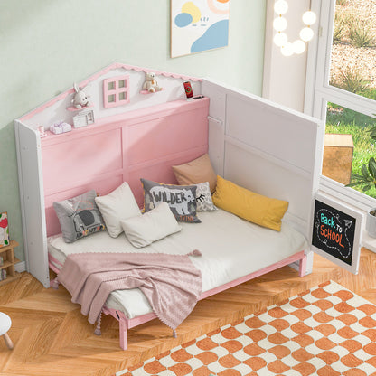 House Murphy Bed with USB, Storage Shelves and Blackboard, Pink+White