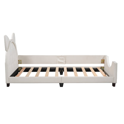 Upholstered Bed with Carton Ears Shaped Headboard, White