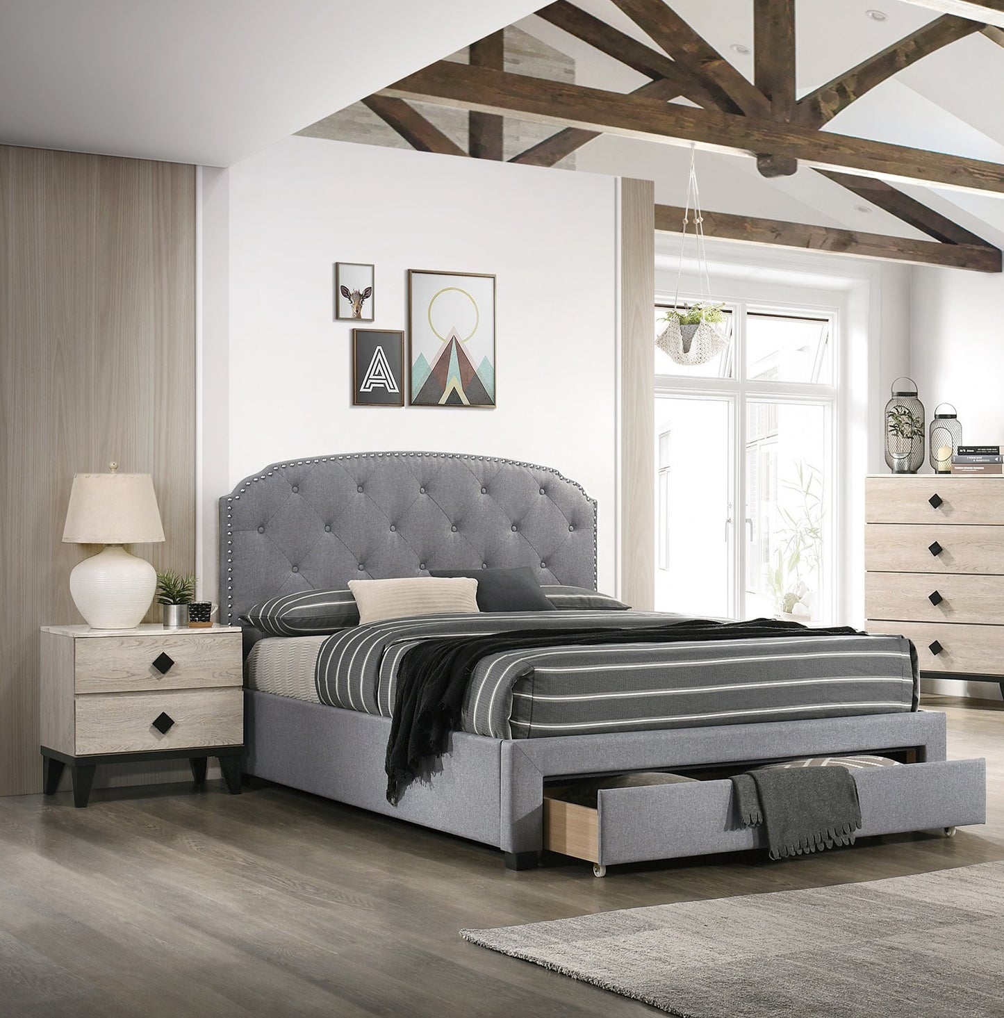burlap bed with drawer button tufted headboard +storage, grey