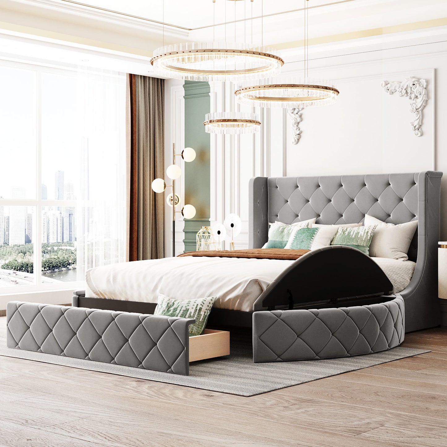 upholstered velvet platform bed with wingback headboard and 1 big drawer; 2 side storage stool