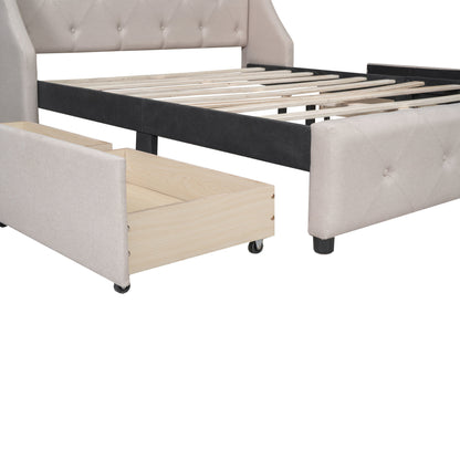 Upholstered Platform Bed with Wingback Tufted Headboard and 4 Drawers, Beige