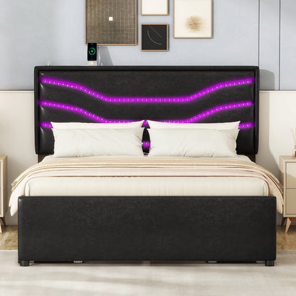 Retro Upholstered Storage Platform Bed with LED, 4 Drawers and USB Charging, Black