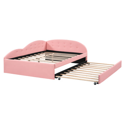 PU Upholstered Tufted Daybed with Trundle and Cloud Shaped Guardrail, Pink