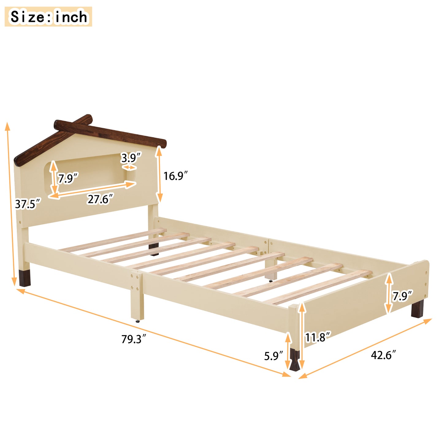 wood platform bed with house-shaped headboard and motion activated night lights, cream+walnut