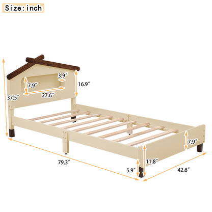 Wood Platform Bed with House-shaped Headboard and Motion Activated Night Lights, Cream+Walnut