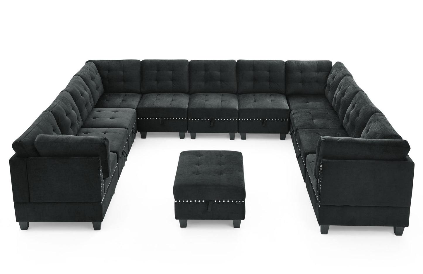 u shape modular sectional sofa with ottoman, black velvet