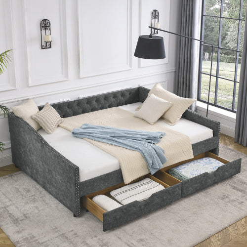morgan queen size daybed with drawers upholstered tufted sofa bed, grey