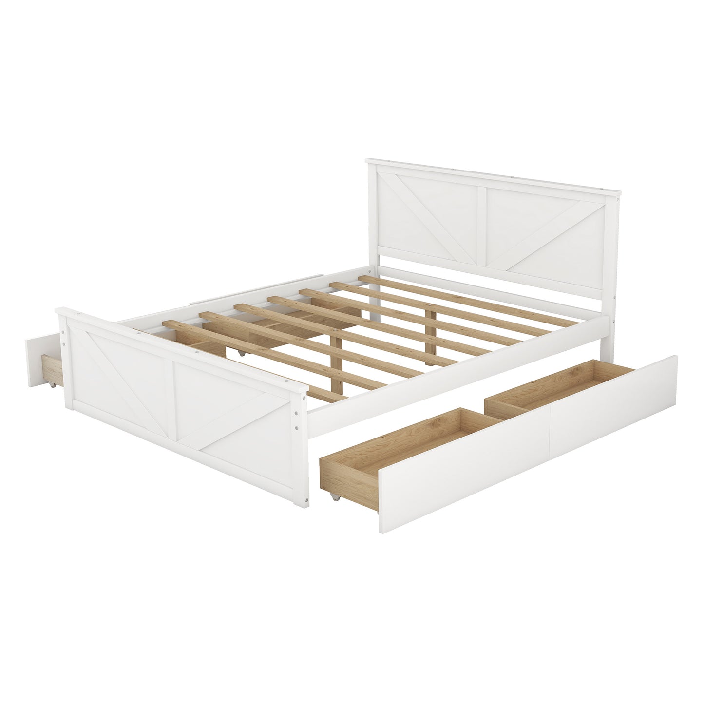 country wooden platform bed with four storage drawers
