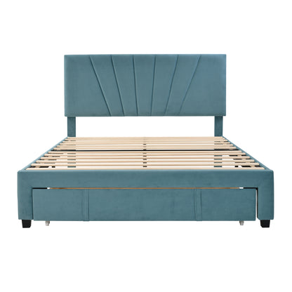 Queen Size Storage Bed Velvet Upholstered Platform Bed with a Big Drawer