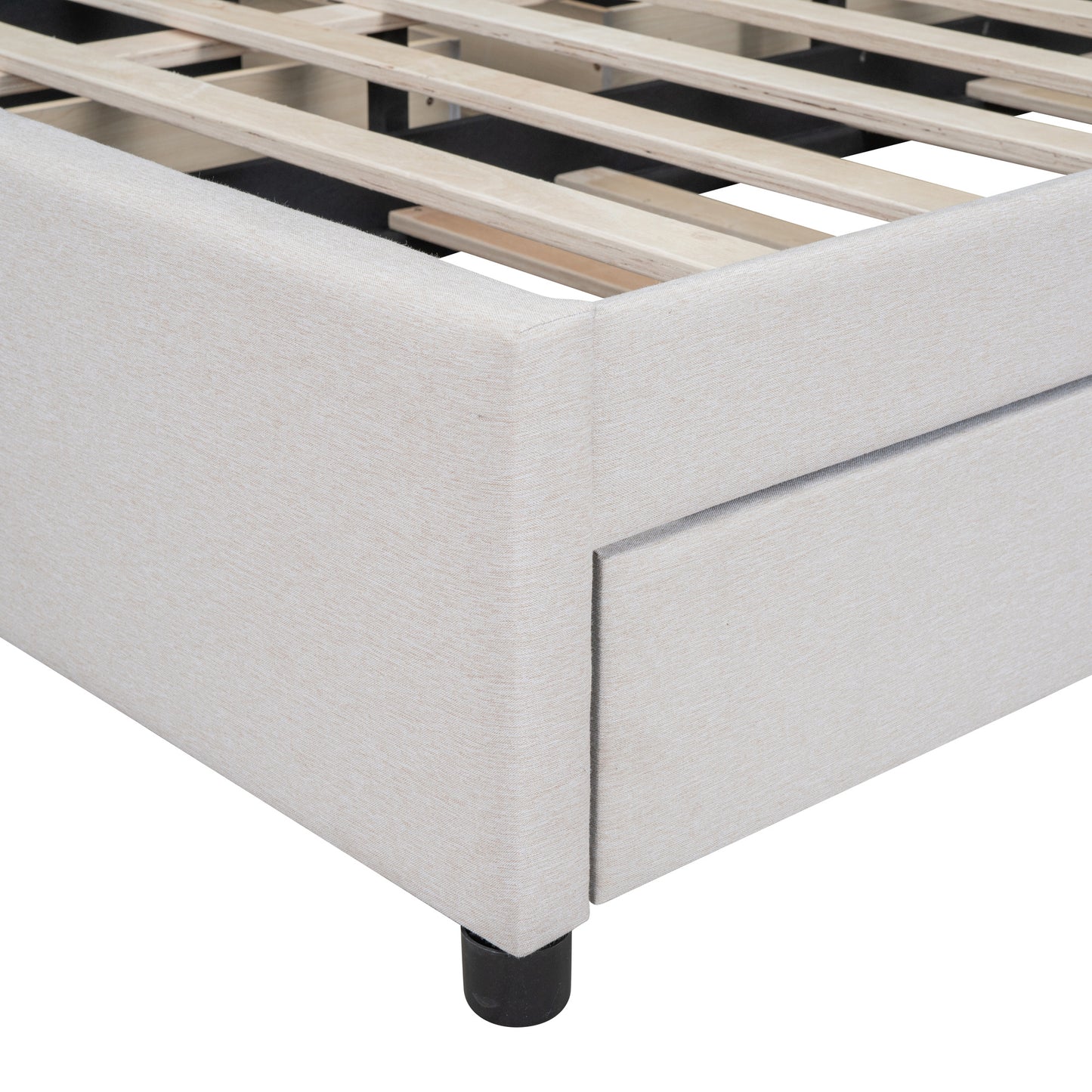 queen size upholstered platform bed with 2 drawers and 1 twin xl trundle, beige