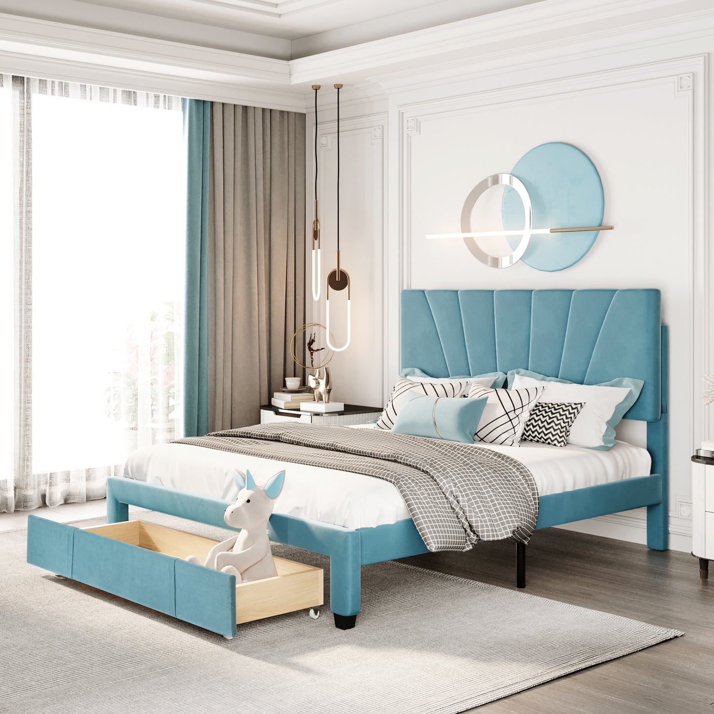 queen size storage bed velvet upholstered platform bed with a big drawer