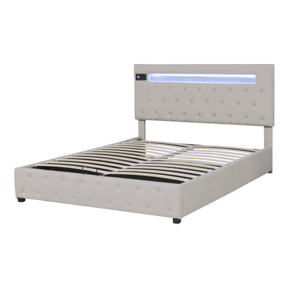 Upholstered Bed Featured with Bluetooth Audio, LED Light and USB Charging, Beige