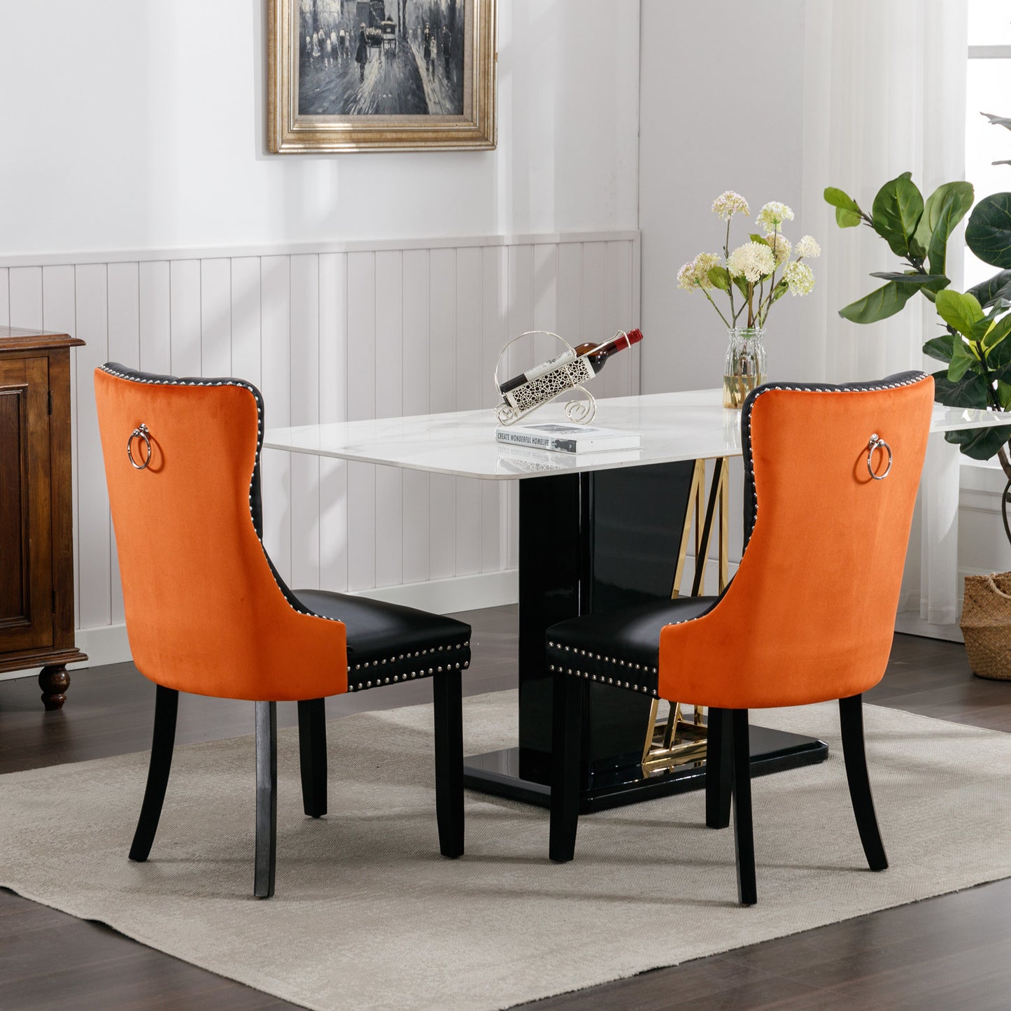 nikki collection modern high-end tufted dining chairs 2-pcs set, black+orange