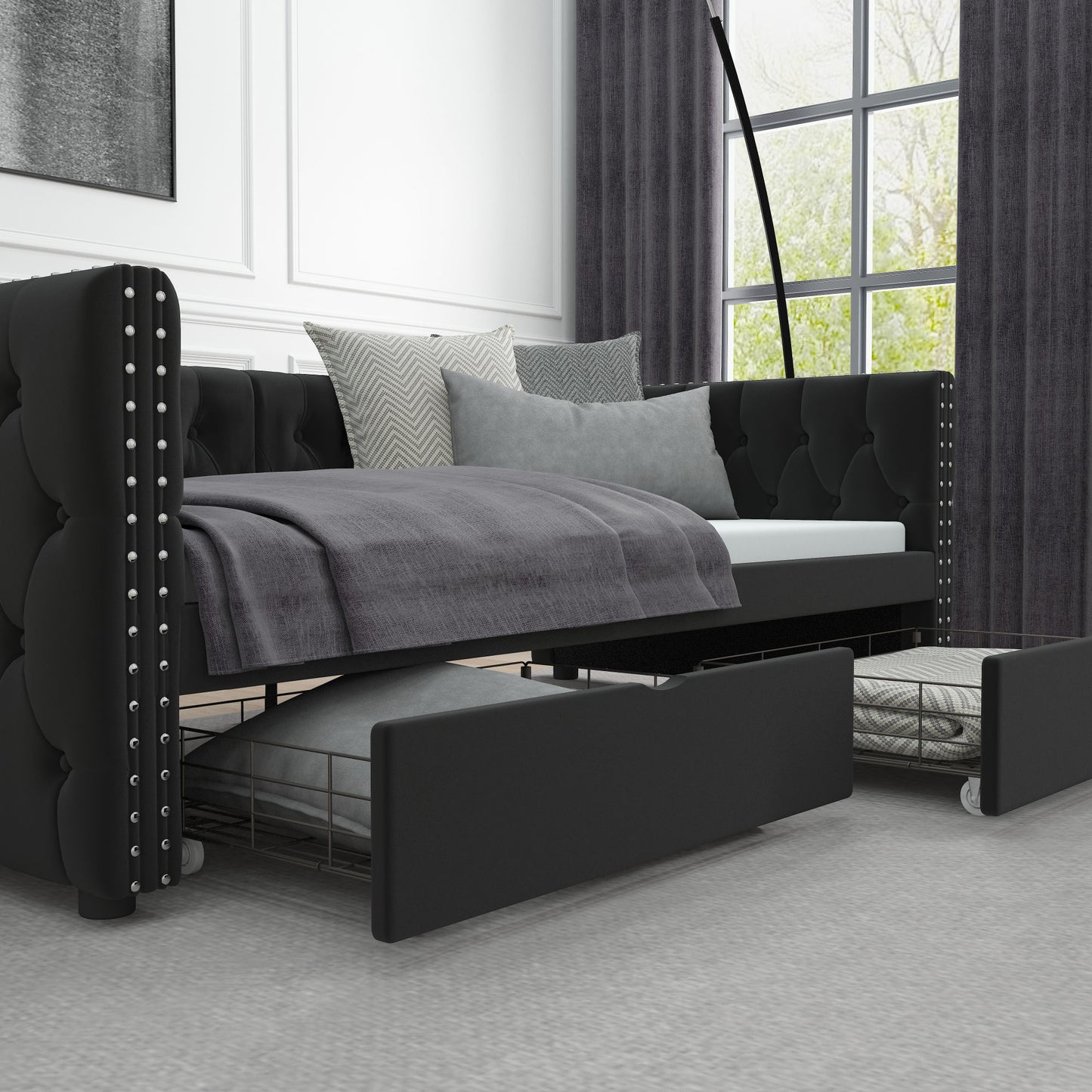 velvet upholstered tufted bed with drawers, black