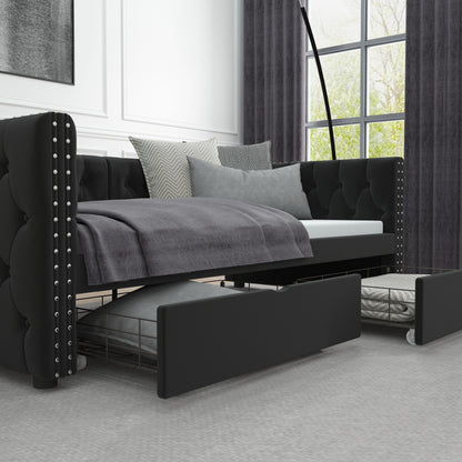 Velvet Upholstered Tufted Bed with Drawers, Black