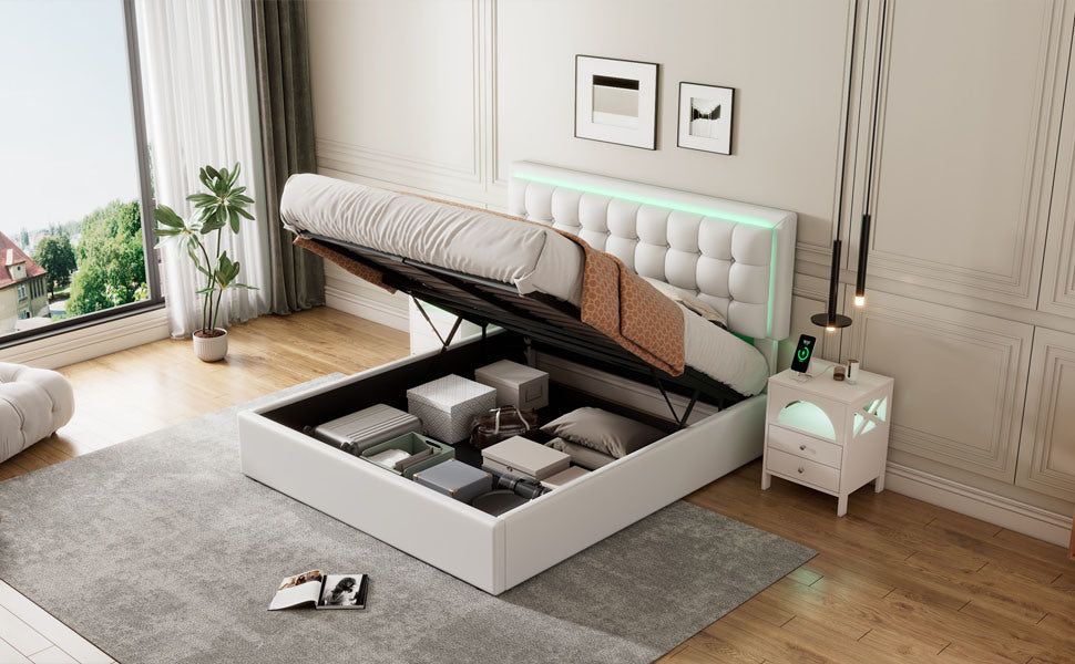 tufted upholstered platform bed with hydraulic storage system & pu storage bed with led lights