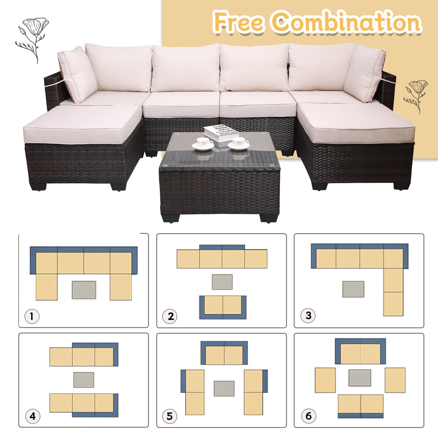 7 pieces outdoor patio sectional sofa couch set with washable cushions & glass coffee table