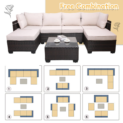 7 Pieces Outdoor Patio Sectional Sofa Couch Set with Washable Cushions & Glass Coffee Table