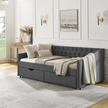 Upholstered Tufted Sofa Bed with drawers in grey