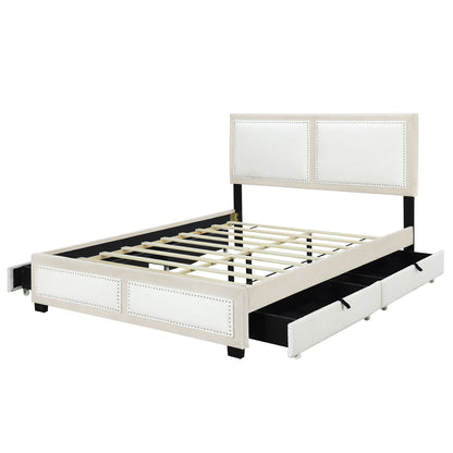 Teddy Upholstered Platform Bed with Large Rivet-decorated Backrests and 4 Drawers, Velvet Beige+White