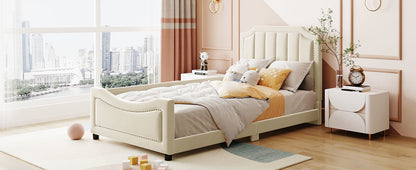 Maya Upholstered Bed with Classic Stripe Shaped Headboard, Beige