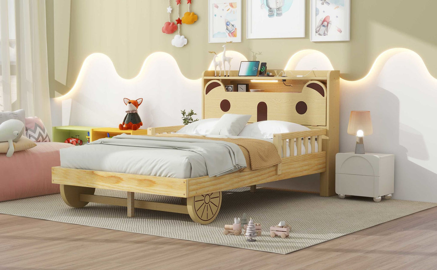 car bed with bear-shaped headboard, usb and led, natural