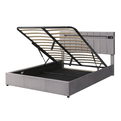 Velvet Upholstered Hydraulic Storage Bed with LED light, Bluetooth Player, and USB Charging