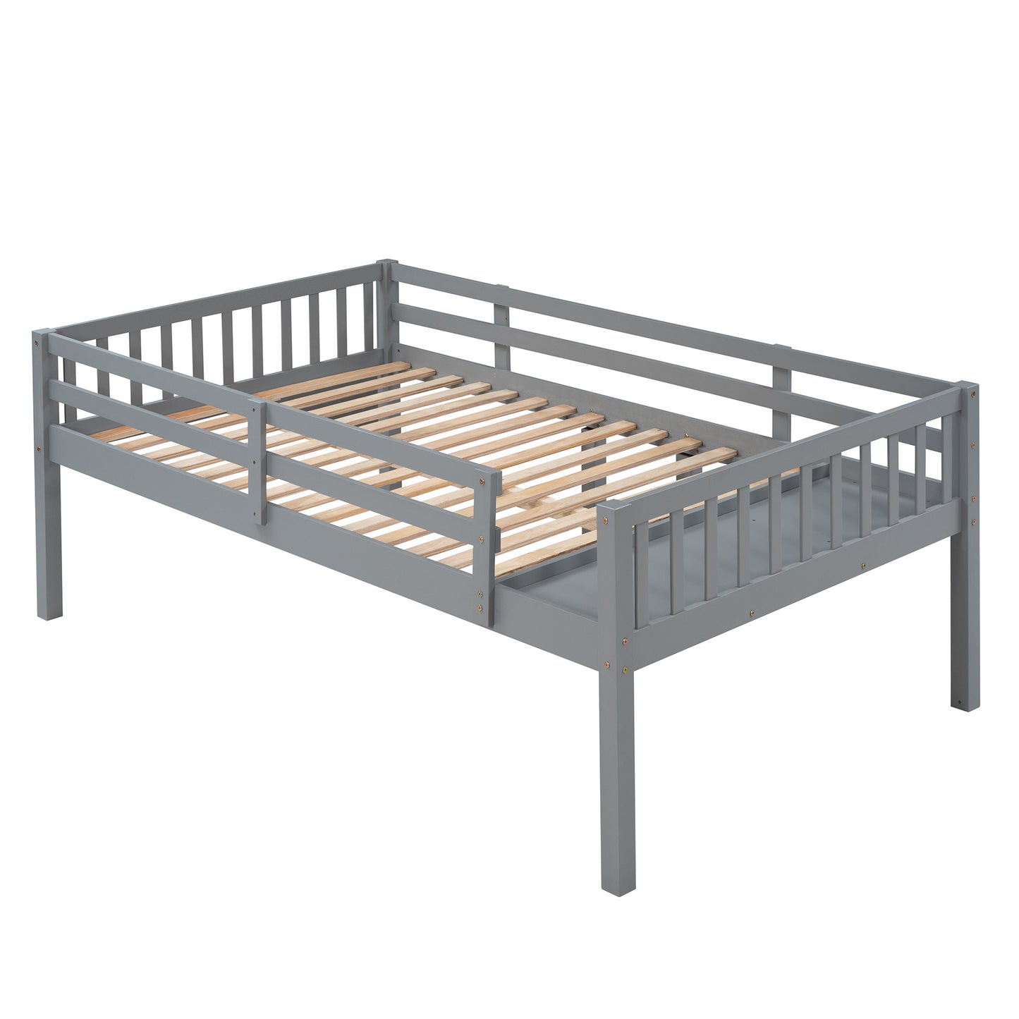 triple bunk bed with drawers and guardrails, gray