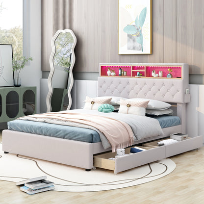 Upholstered Bed with Storage Headboard, LED, USB Charging and 2 Drawers