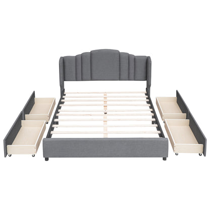 Upholstered Platform Bed with Wingback Headboard and 4 Drawers, Gray